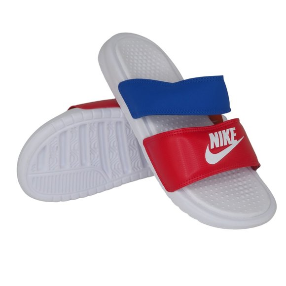 Nike Womens Benassi Duo Ultra Leather Slides Sandals Red/Blue/White Size 8 New - Picture 9 of 10